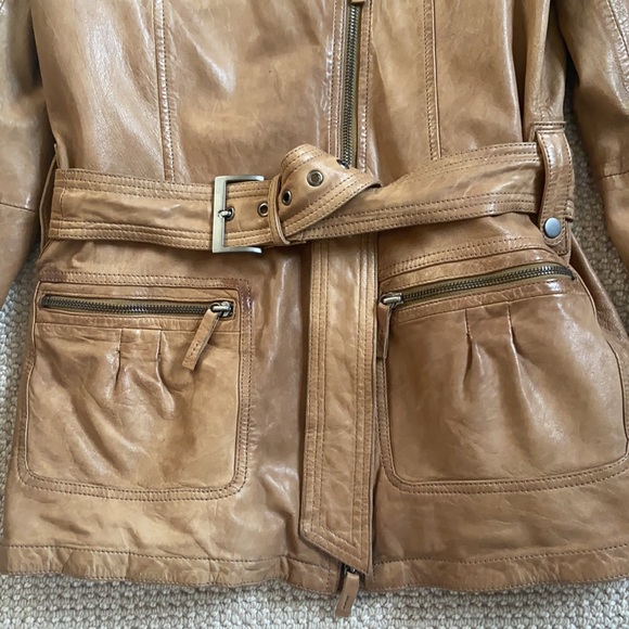 Leather trench coat jacket with belt caramel brown color GMS-75 brand - Picture 2 of 5